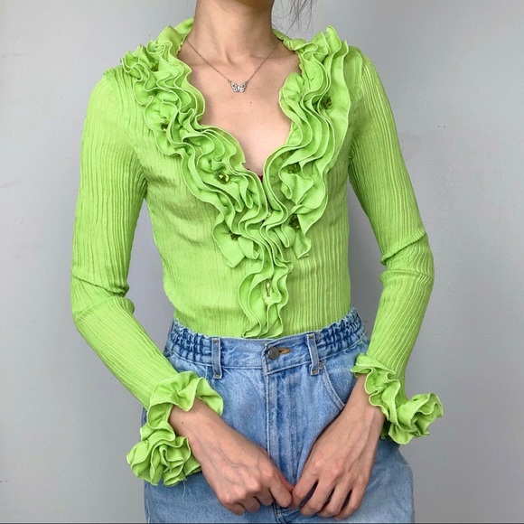 Vintage 90s lime green ruffle blouse top - Picture 2 of 10